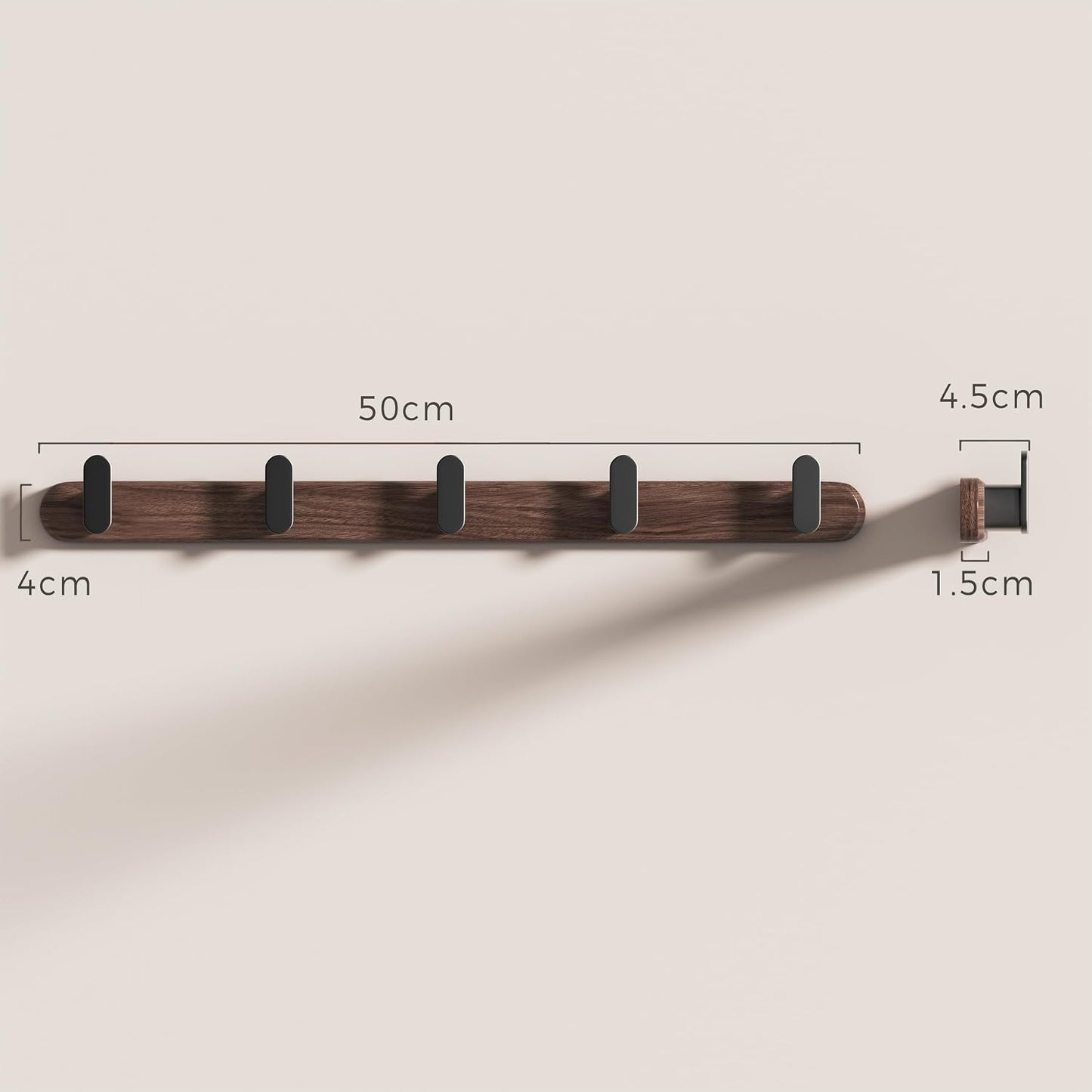 Jugen Coat Rack Wall Mount – Solid Black Walnut with 5 Heavy Duty Matte Black Hooks, Wooden Wall Coat Rack for