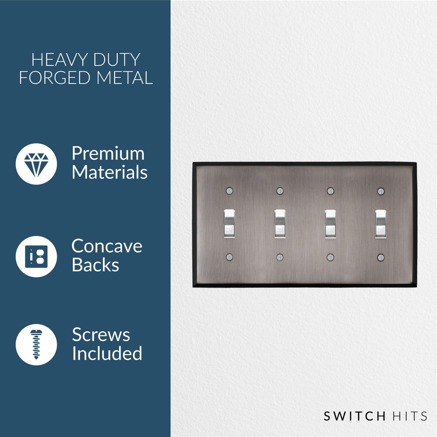Antique Pewter Outlet Wall Plate | 4 Toggle | 8.25" x 4.5" | Hand-Polished Brass Construction | Electrical Switch Plate