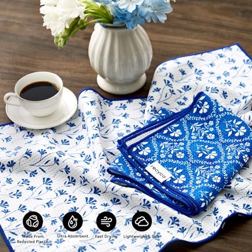 RECYCO Waffle Kitchen Towel Set of 2 - Quick Dry Microfiber Sustainable Dish Towels - Ultra Absorbent Reusable Cleaning Tea Towels - Lightweight Hand Towels,16”x 28”, Coastal Bliss