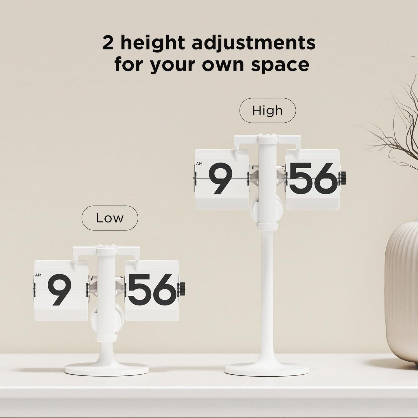 mooas Standing Height Adjustable Flip Desk Clock (White), Retro Vintage Analog Design Flip Clock Standing Clock Battery