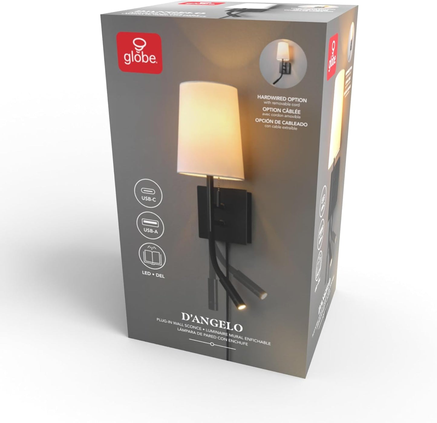 Globe Electric 1-Light Plug-in or Hardwired Wall Sconce with LED Integrated Reading Light, USB-A Port, USB-C Port