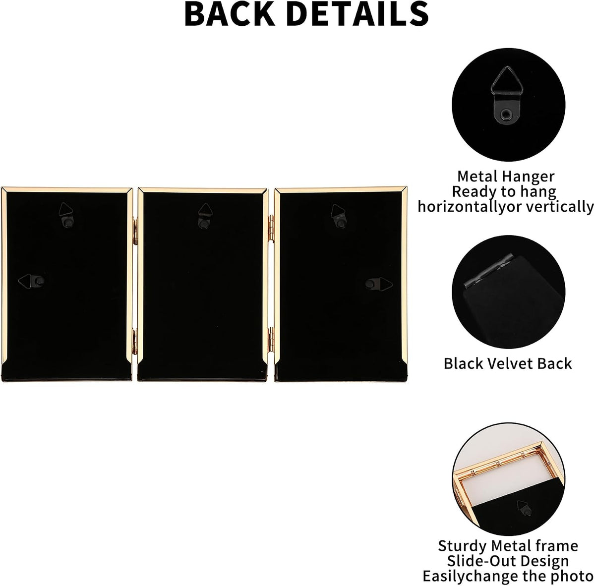 YiPinYin Dark Gold 5x7'' Bamboo Detail Designs Hinged Triple Metal Picture Frame,Elegant Gold Plated Wedding Photo