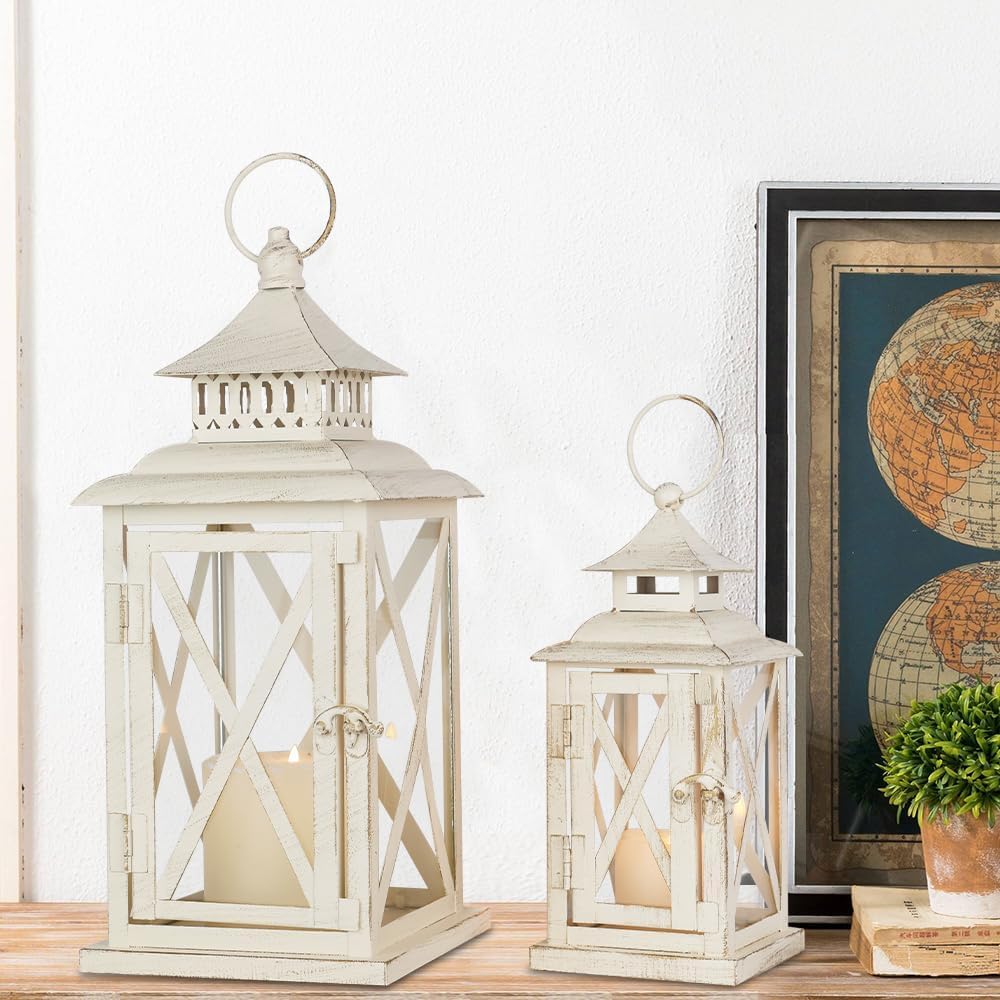 Lanterns Decorative Outdoor&Indoor, Set of 2 (14"&10") Beige Metal Lantern Decor with Glass, Candle Holder for Porch