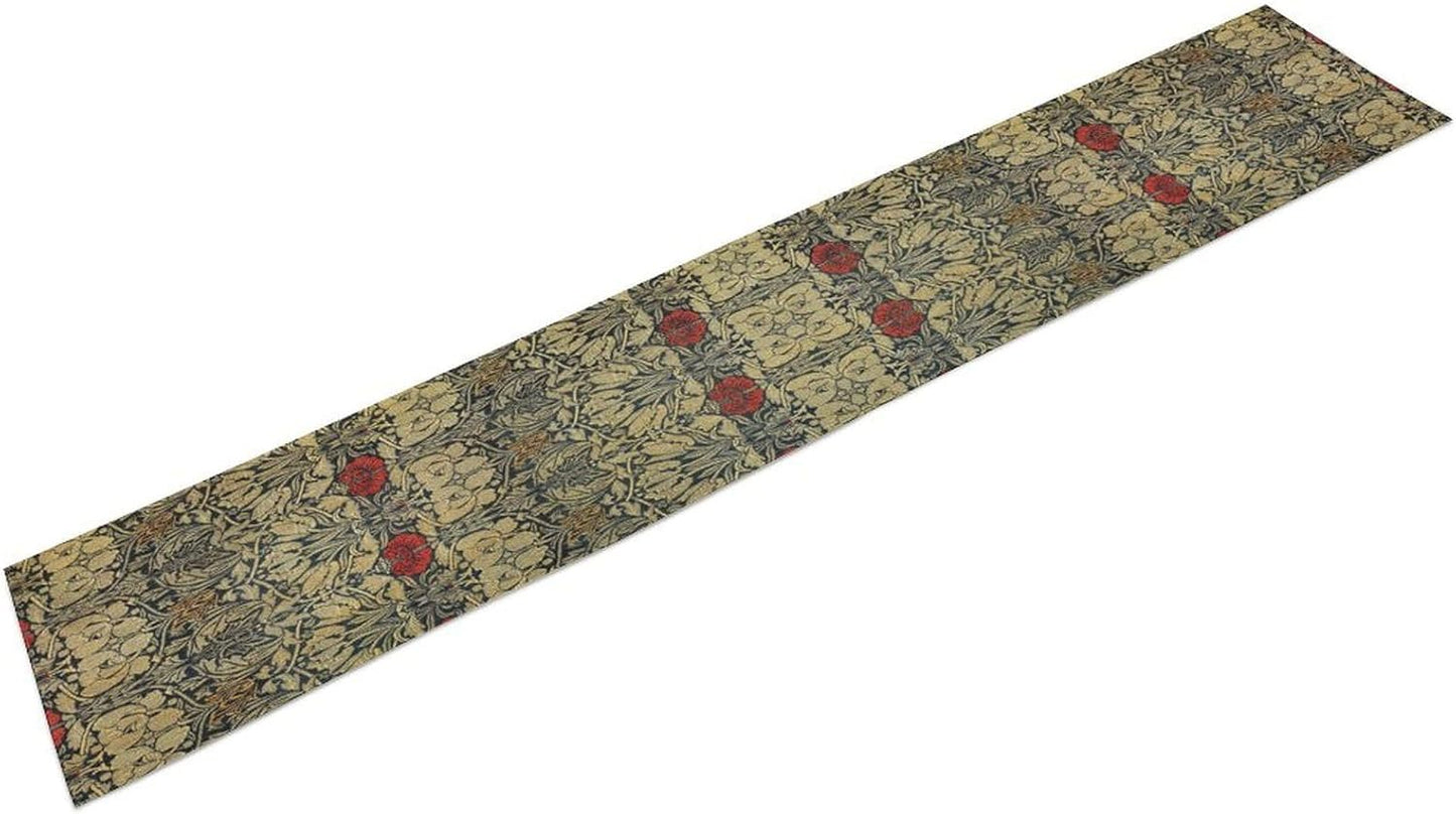 William Morris Red Flower Table Runner Vintage Flowers Boho Botanical Printed Linen Table Runner for Home Kitchen