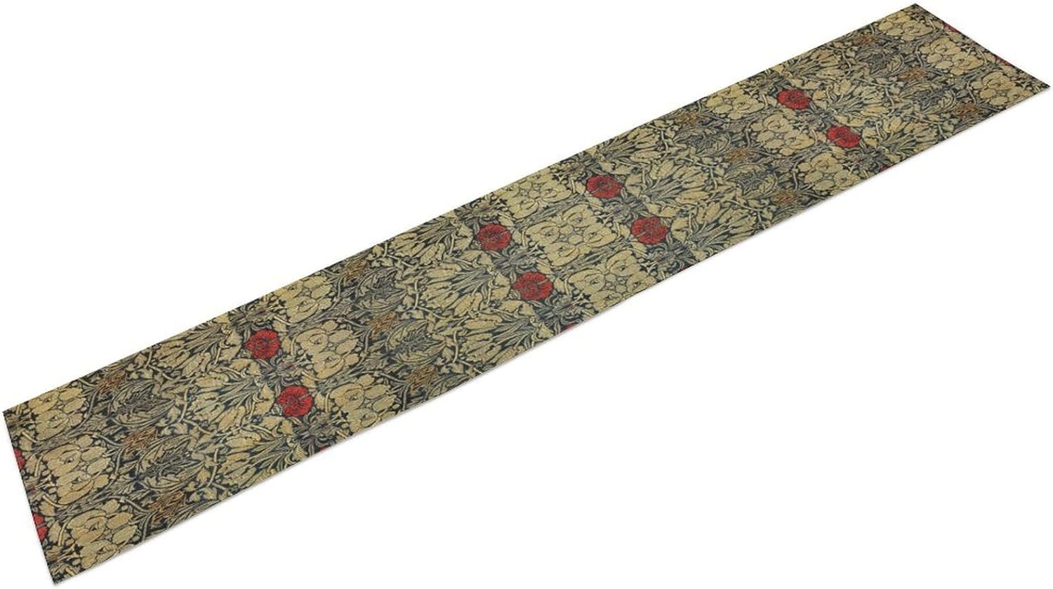 William Morris Red Flower Table Runner Vintage Flowers Boho Botanical Printed Linen Table Runner for Home Kitchen