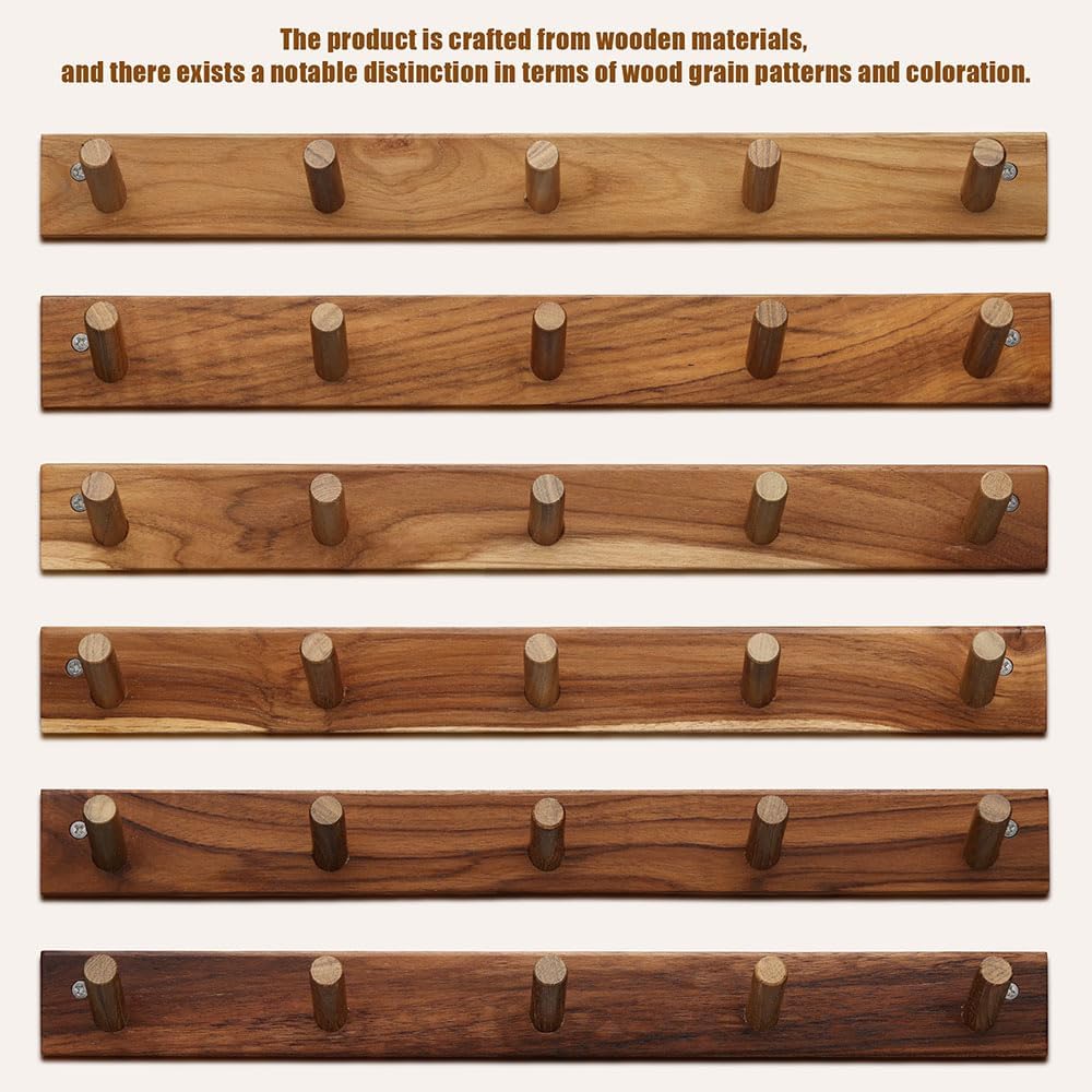 Solid Teak Wall Hooks Set 2, Rustic Wood Coat Rack Bathroom | Entryway & Bedroom – Durable Wall Pegs for Hanging Coats