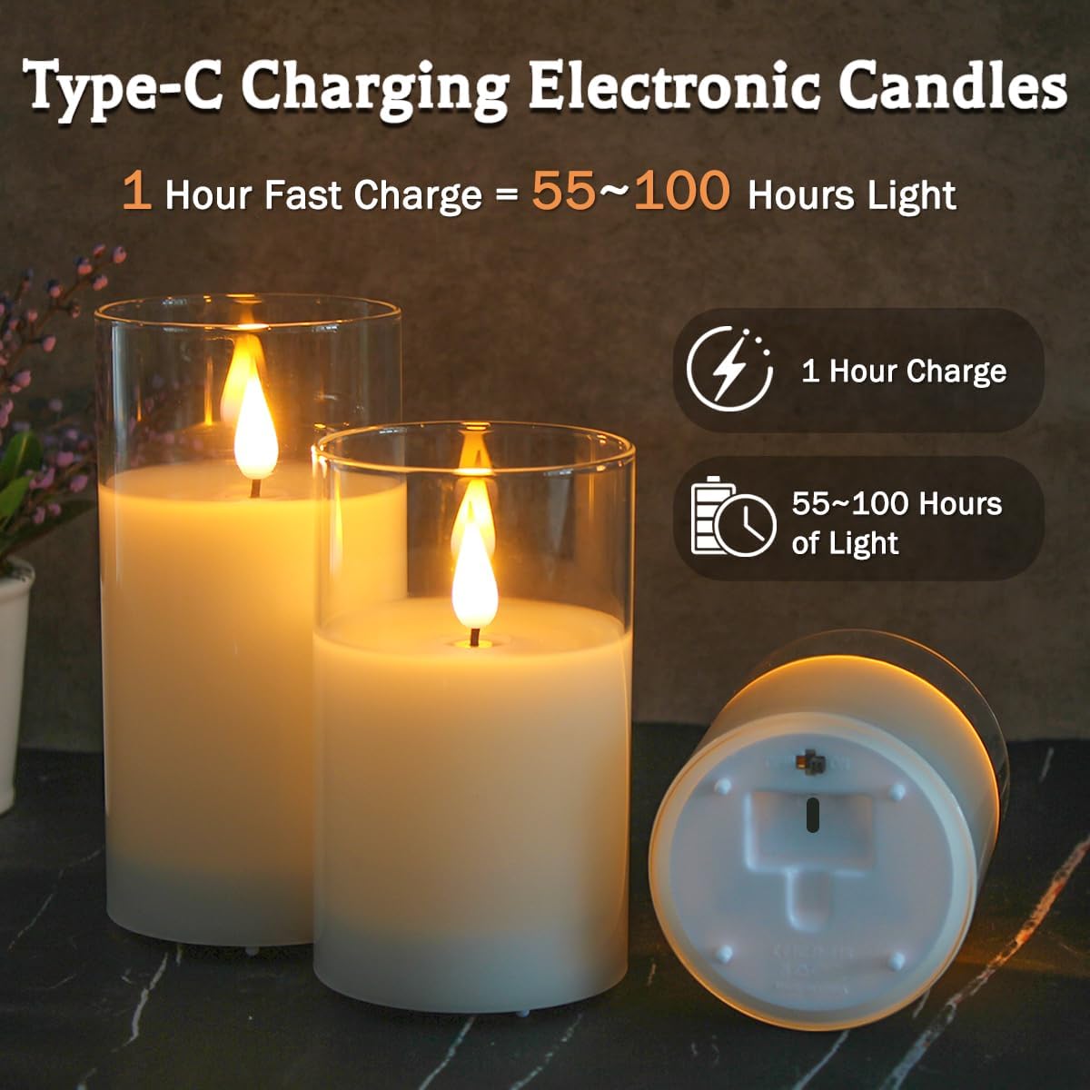 Glass Rechargeable LED Flickering Flameless Candles with Remote and Timer | Fake Candles Flickering Warm LED Flame for