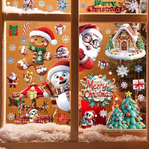 261PCS Christmas Window Clings for Glass, Cute Santa Claus Gingerbread Man Snowman Stickers Xmas Window Decals for Wtiner Christmas Holiday Party Home Office Classroom Decorations