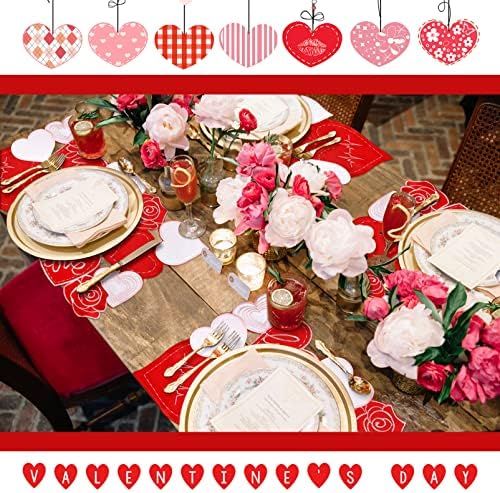 6 Pcs 11 x 17 Inch Embroidered Valentine's Day Placemats Applique Heart Placemats Red Rose Floral Love Heart Table Mats for Wedding Party Dining Table Decoration