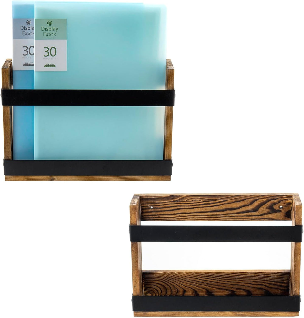 MyGift Set of 2 Rustic Burnt Wood and Matte Black Metal Wall-Mount Magazine Racks – Industrial Style Display Holders