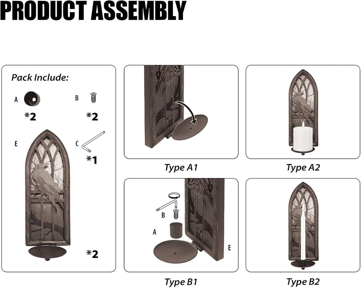 Gothic Wall Candle Sconces Set of 2, Wrought Iron Crow Wall Mounted Candelabra Holder with Removable Trays for Taper &