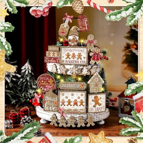 Shellwei 24 Pcs Christmas Tiered Tray Decor Set Wood Rustic Gingerbread Christmas Decoration Winter Farmhouse Decor Xmas Trees Gnome Elk Snowflake Signs for Table Shelf Home Centerpiece (Cute)