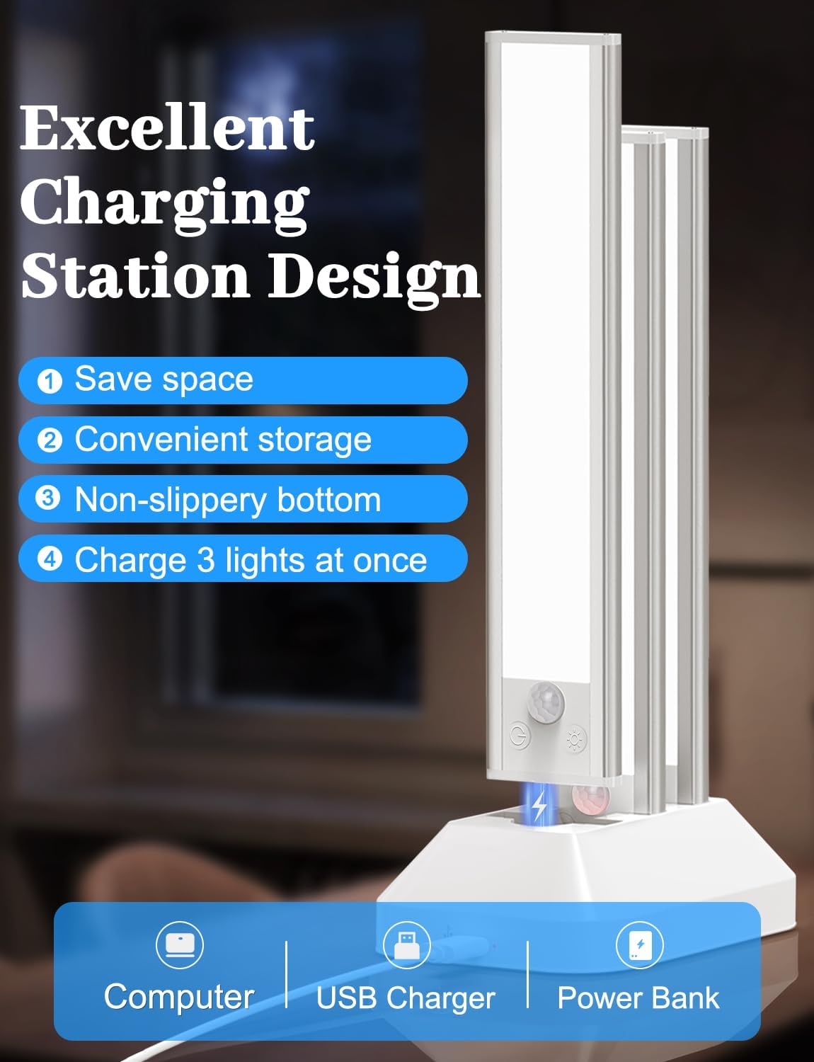 VerRon 3-Pack Under Cabinet Lighting with Charging Station, 12inch | 2000mAh Rechargeable, 3 Color Temps, Dimmable
