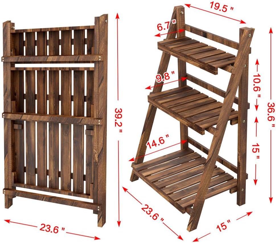 Yaheetech Wooden Plant Stand, 3-Tier Foldable Ladder Shelf, Indoor Outdoor | 23.6 x 15 x 36.6 in Plant Ladder for Pots