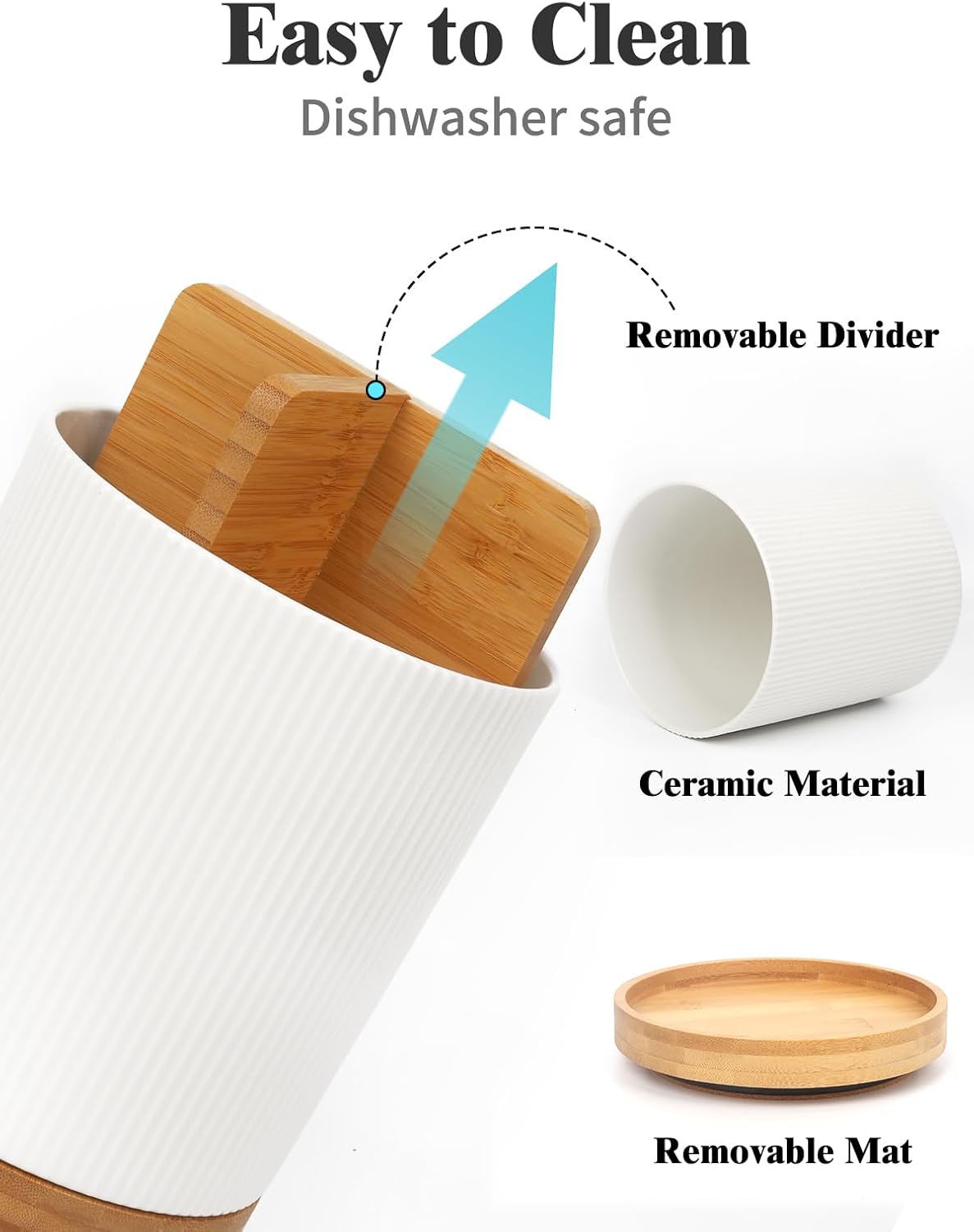 LoeJan 7.5" Utensil Holder, 3 Compartment Ceramic Kitchen Utensil Holder with Cork Bottom, Large Utensil Crock for