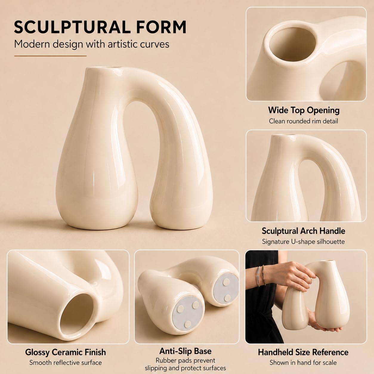 Cream Ceramic Decorative Vase / White