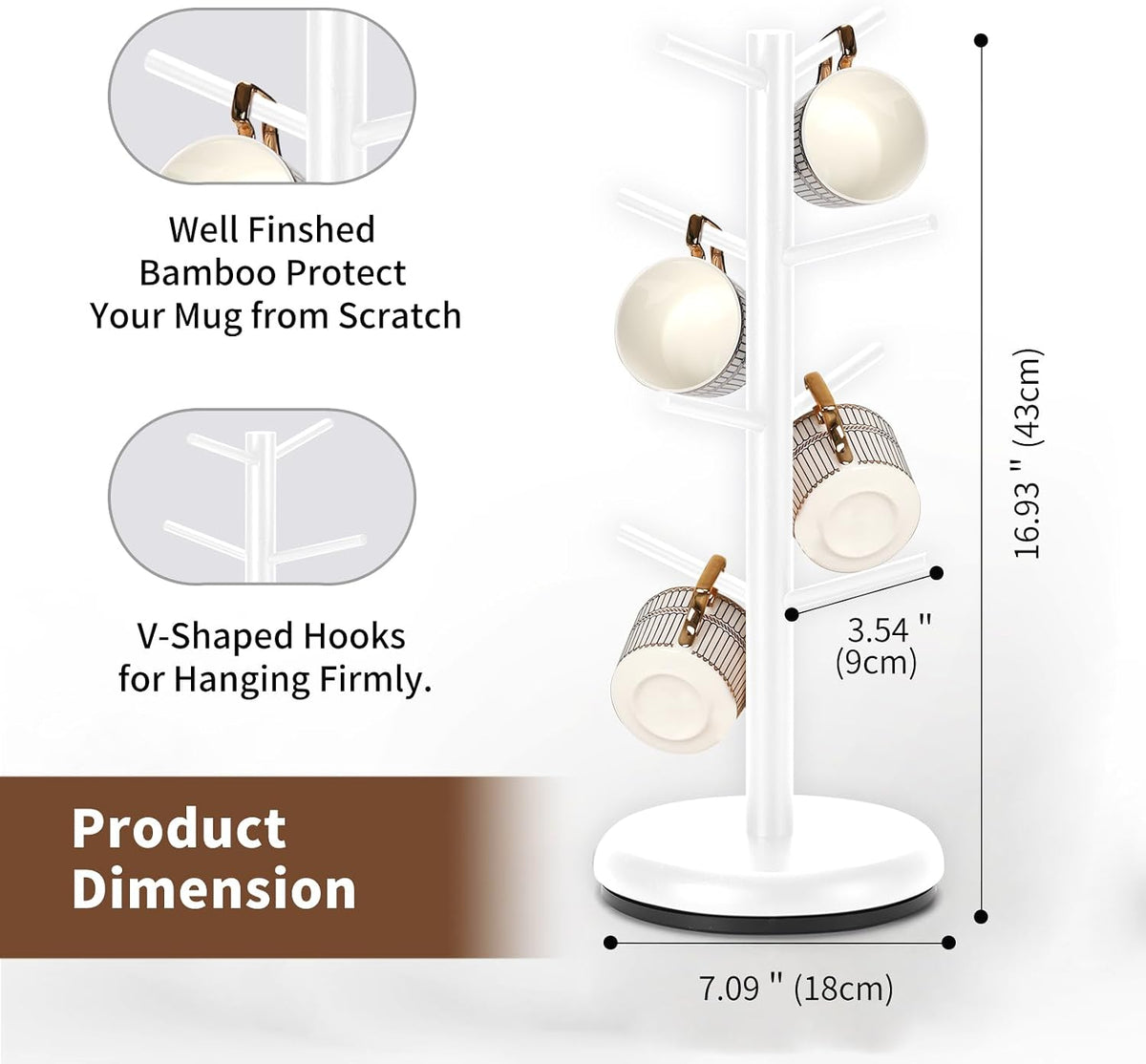 BAMBANG Mug Holder, 360° Rotating Mug Tree Holds 8 Coffee Cups, Space Saving Mug Stand with Stable Base for Kitchen