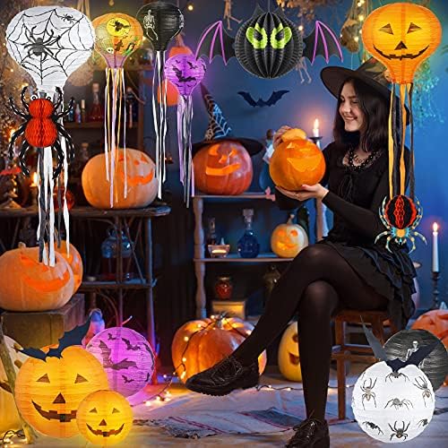 Honoson 48 Pcs Halloween Paper Lanterns Pumpkin Skeleton Spider Bat Decor