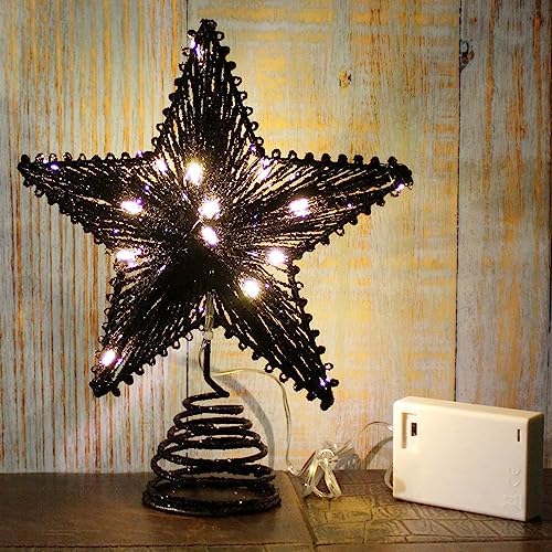 CVHOMEDECO. Tree Top Star with Warm White LED Lights and Timer for Christmas Ornaments and Holiday Seasonal Décor, 8-Inch (Black)
