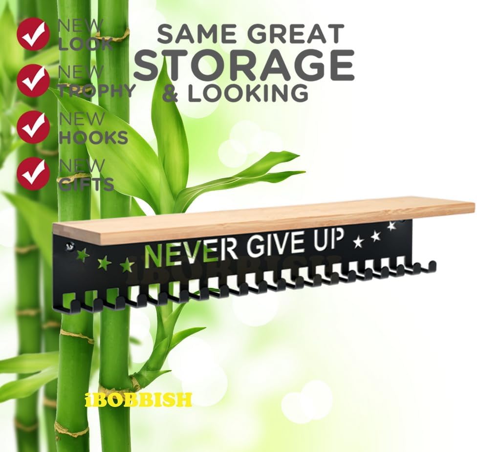 iBobbish Premium Trophy and Medal Display Shelf 16inchL,Metal Trophy Shelf with Hooks Upgraded,Large Bamboo Trophy