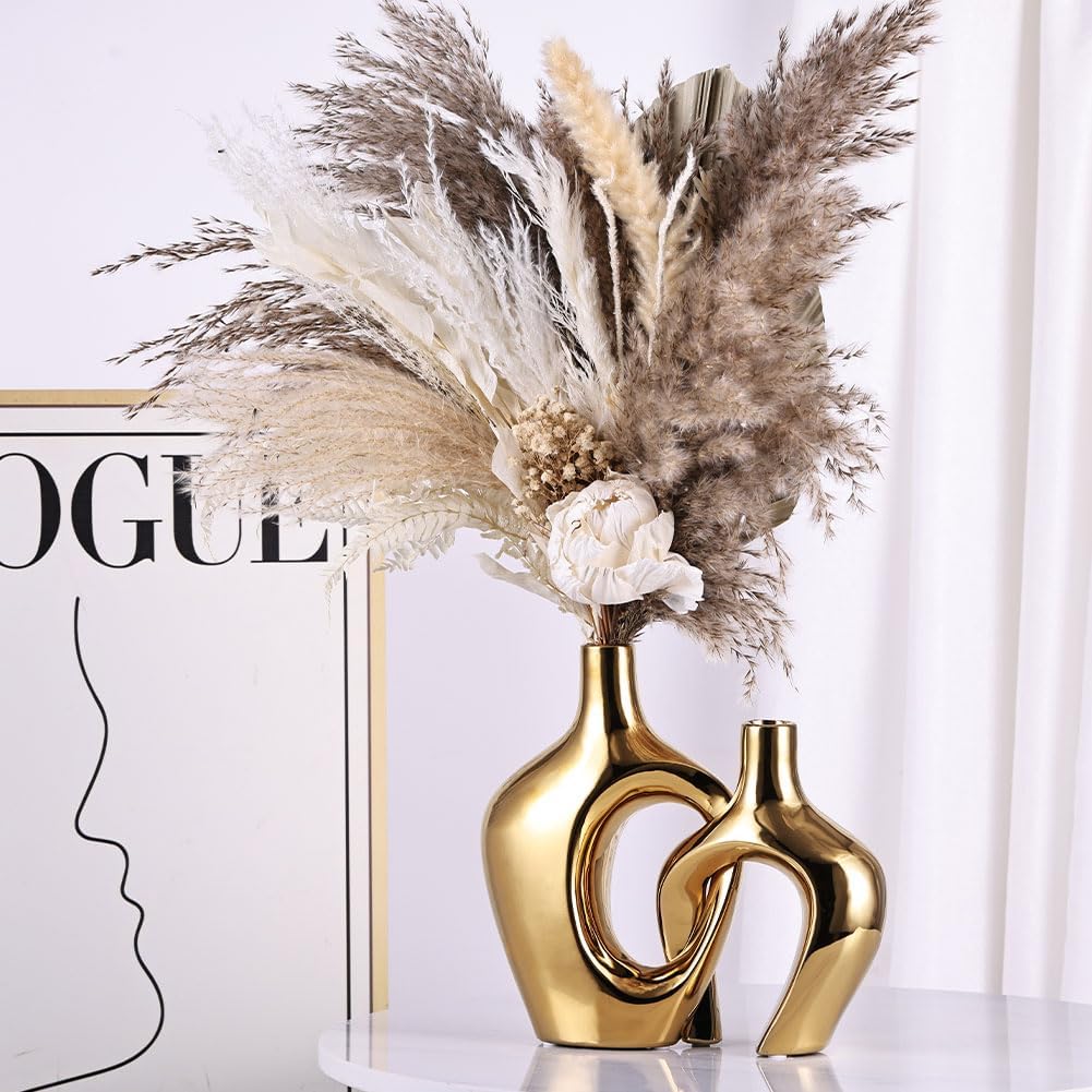 Hollow Ceramic Vases / Gold / Set of 2