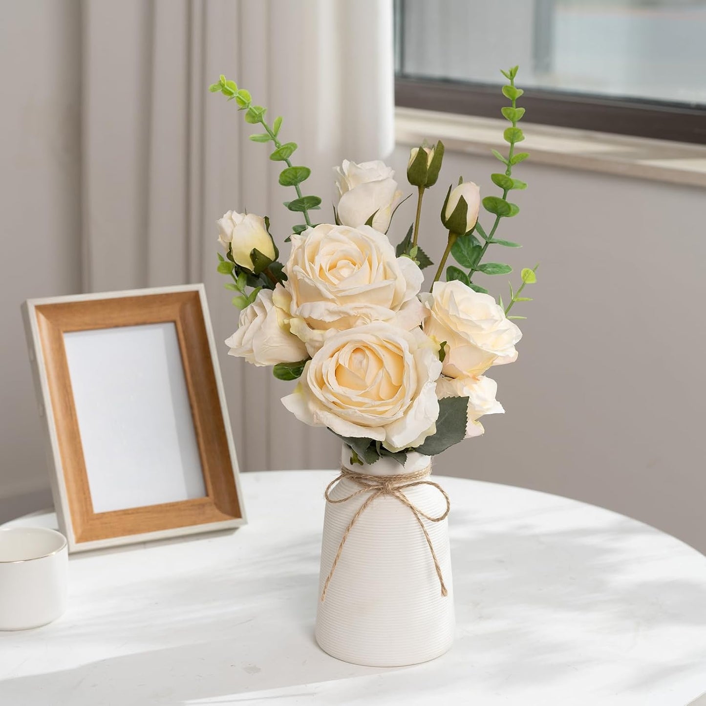 Eucalyptus Stems in Ribbed Texture Ceramic Vase / White