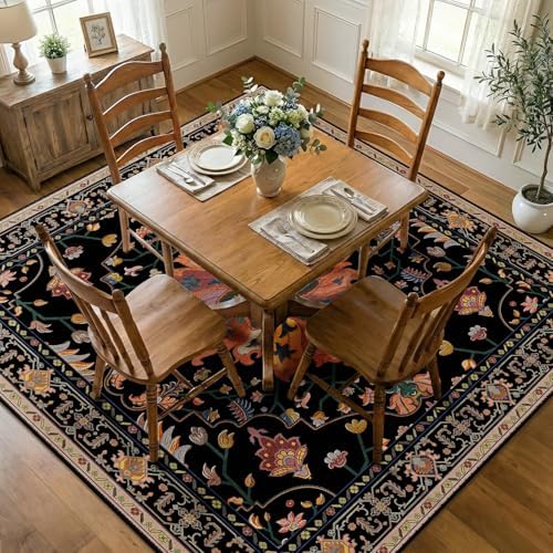 RELEANY Washable Area Rug, Square 8'x8', Black/Colorful