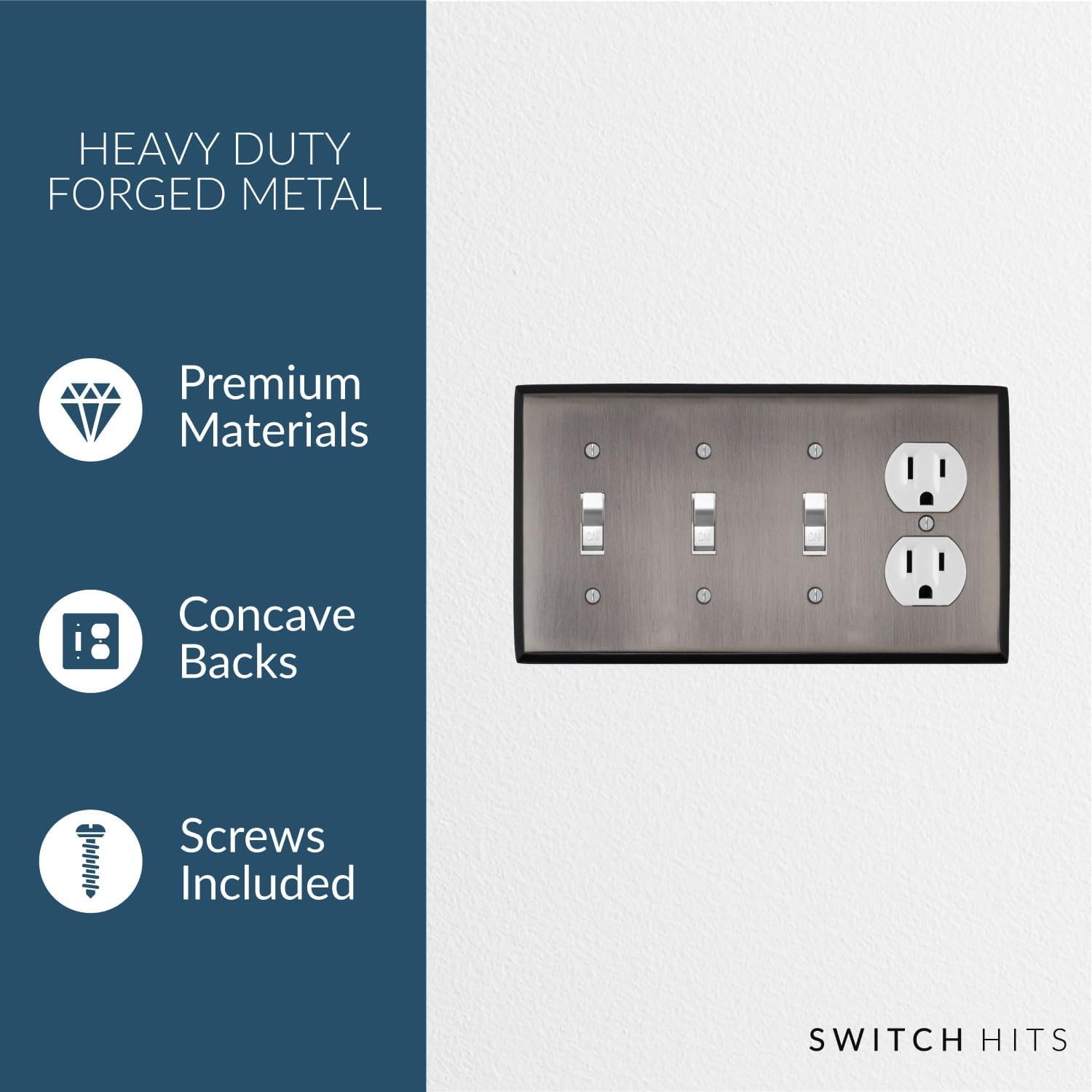 Antique Pewter Outlet Wall Plate | 3 Toggle - 1 Duplex | 8.25" x 4.5" | Hand-Polished Brass Construction | Electrical