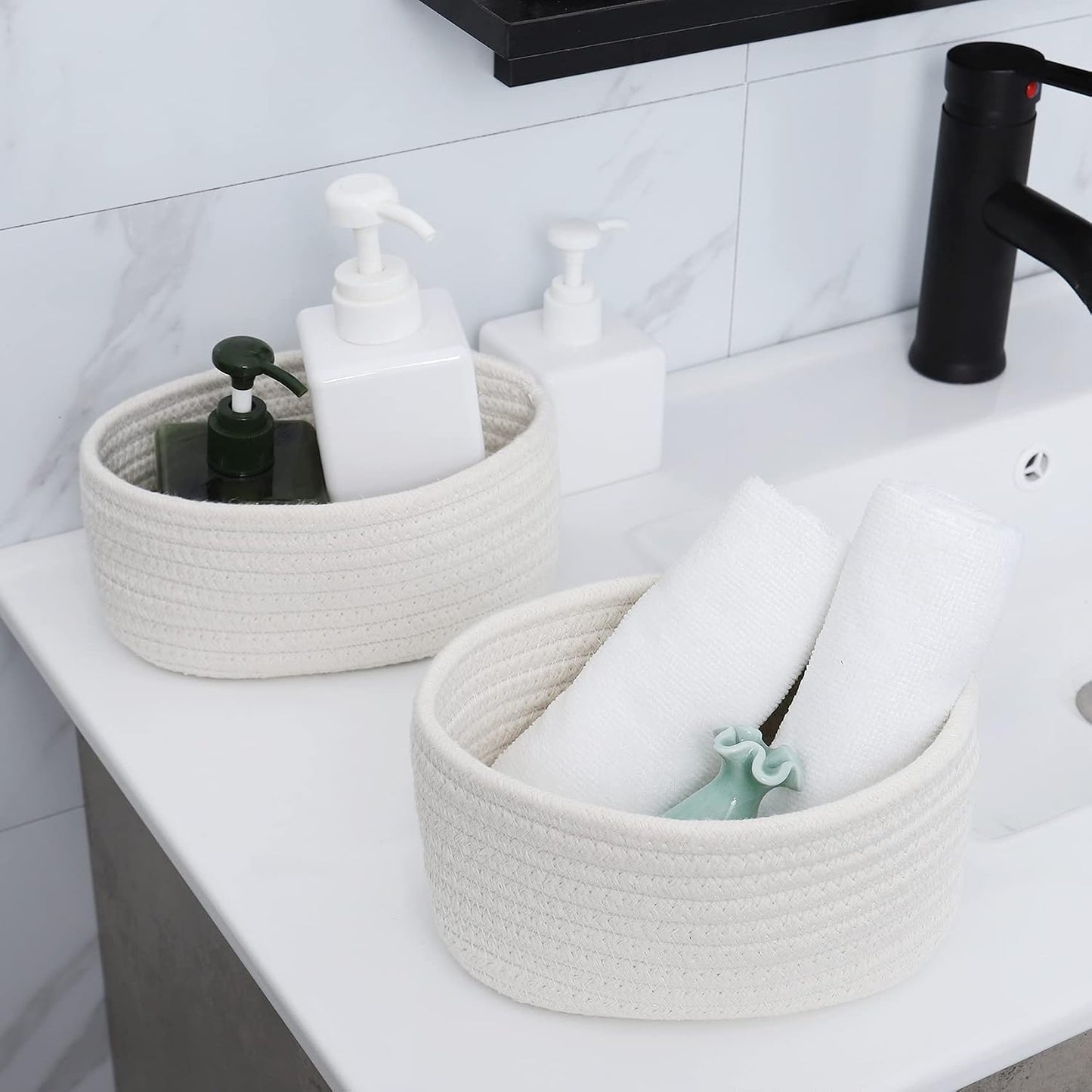 Natural Cotton Rope Woven Baskets for Organizing / White / Set of 2