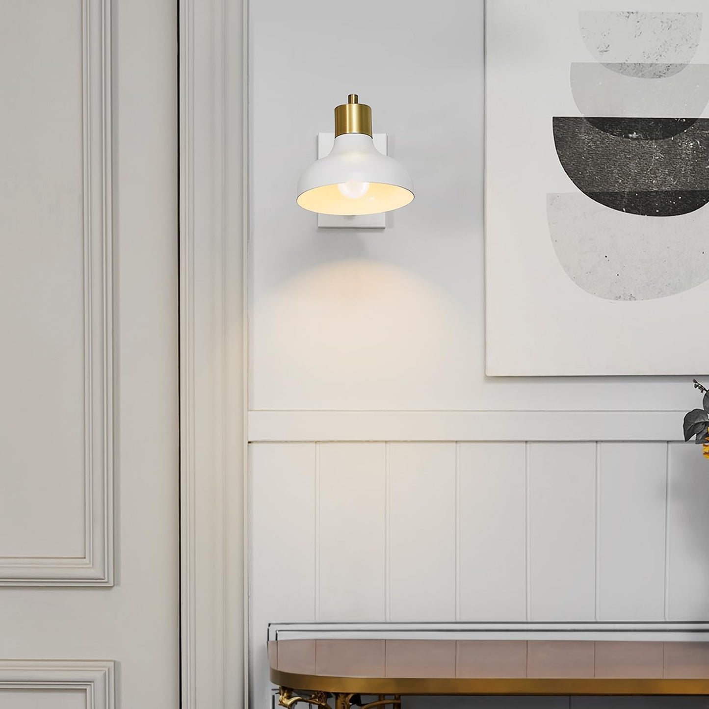 Globe Electric 51344 1-Light Plug-in or Hardwire Swing Arm Wall Sconce, White, Brass Accents, White-Cloth Cord, Mounted