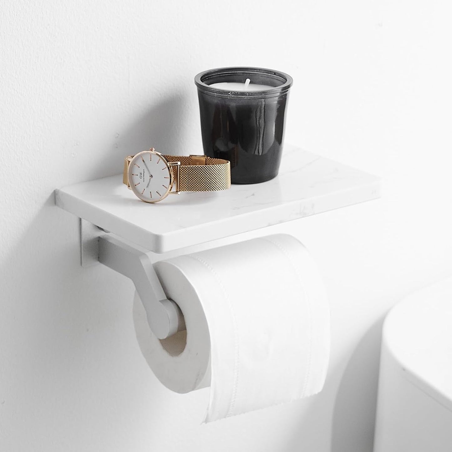 Hoimpro Toilet Paper Holder with Marble Shelf, Wall Mount Brushed Silver | White Natural Marble Phone Shelf Commercial