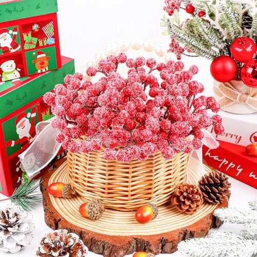 Fangoo 20 Pack 7 Inch Artificial Red Berry Picks for Christmas Tree Burgundy Red Berries Stems Holly Berry Branches Ornaments Wreath Crafts Wedding Holiday Season Winter Home Decor (Sprays Snow Red)