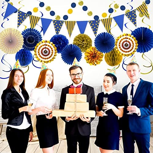 24 Pcs Blue Gold Party Decorations, Paper Fans Pom Poms Banner