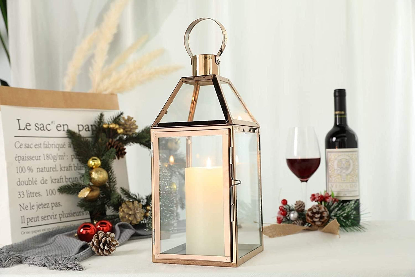 JHY Design Rose Gold Decorative Lanterns 16 inch High Stainless Steel Candle Lanterns with Tempered Glass for Indoor
