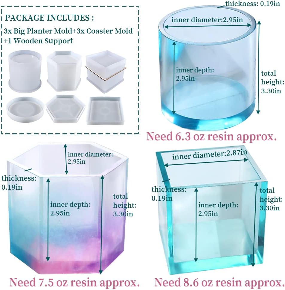 Large Silicone Plant Molds / 3pc Containers+3pc Coasters / Set of 3