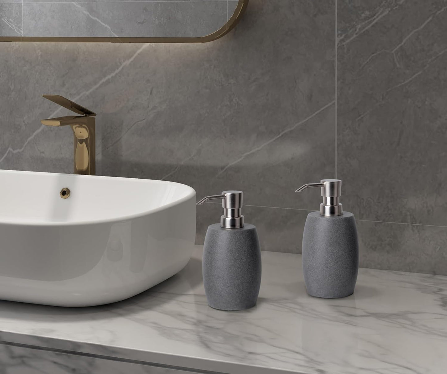 Clasin Home Sandstone Textured Resin Soap Dispenser with Metallic Pump and Waterproof Bottle Labels for Bathroom
