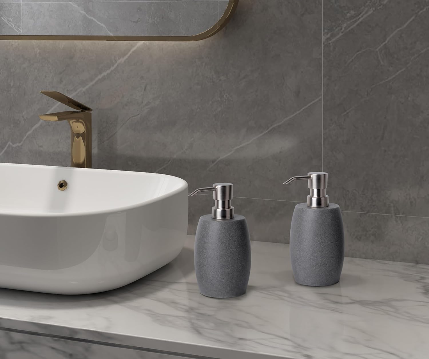 Clasin Home Sandstone Textured Resin Soap Dispenser with Metallic Pump and Waterproof Bottle Labels for Bathroom