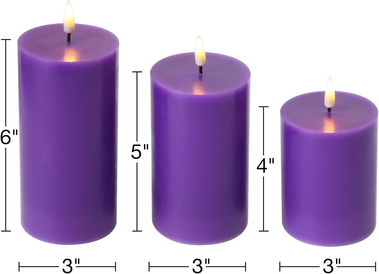 Purple Flameless Pillar Candles with Remote Set of 3 | Flickering LED Candles, 2 AA Battery Power, Flat Top Real Wax