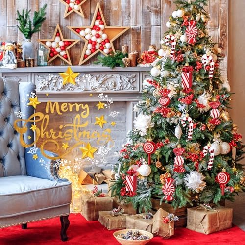 JULMELON 24Pcs Christmas Candy Cane Ornaments, Red White Glitter Hanging