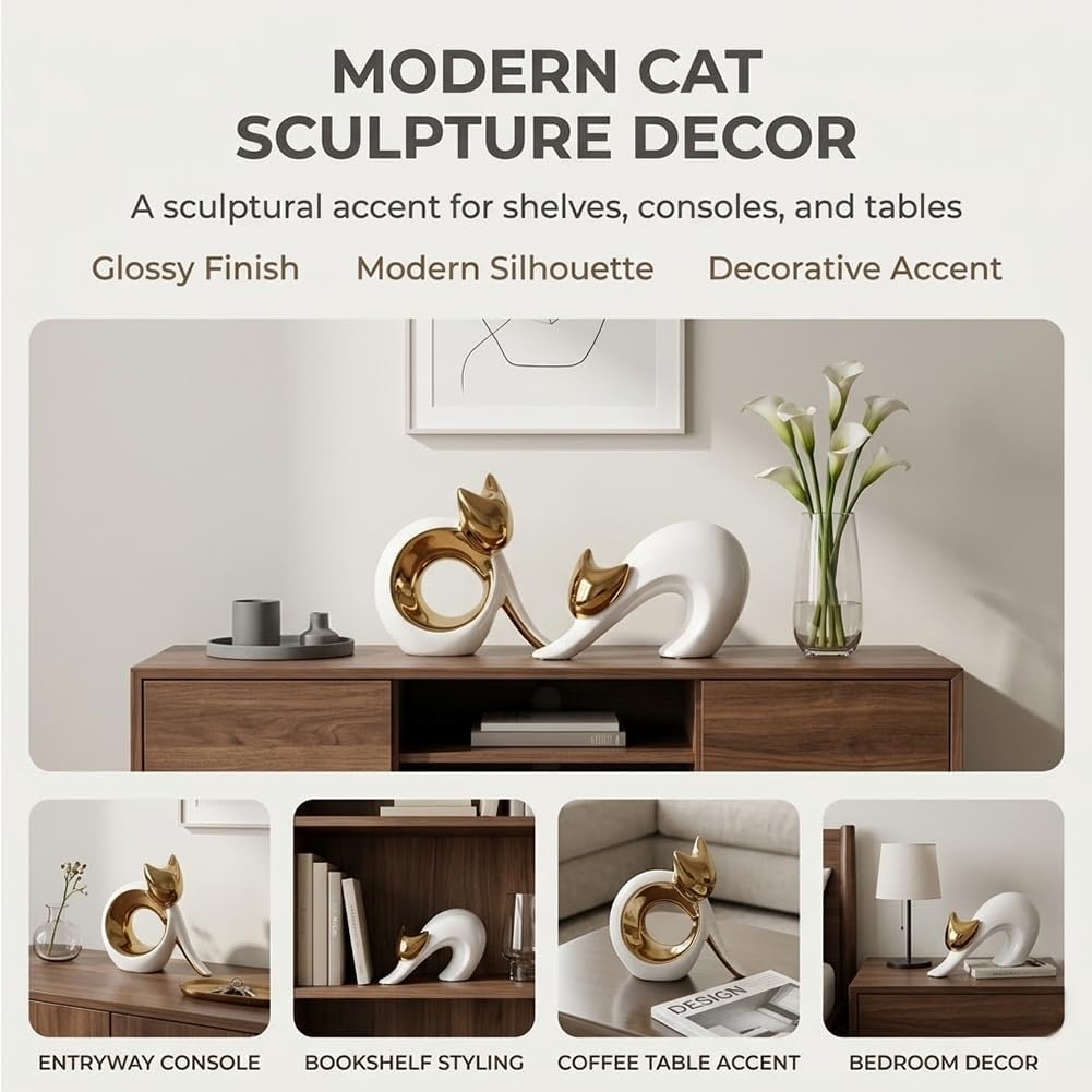 Abstract Stretching Cat Statue for Modern Home Decor / White