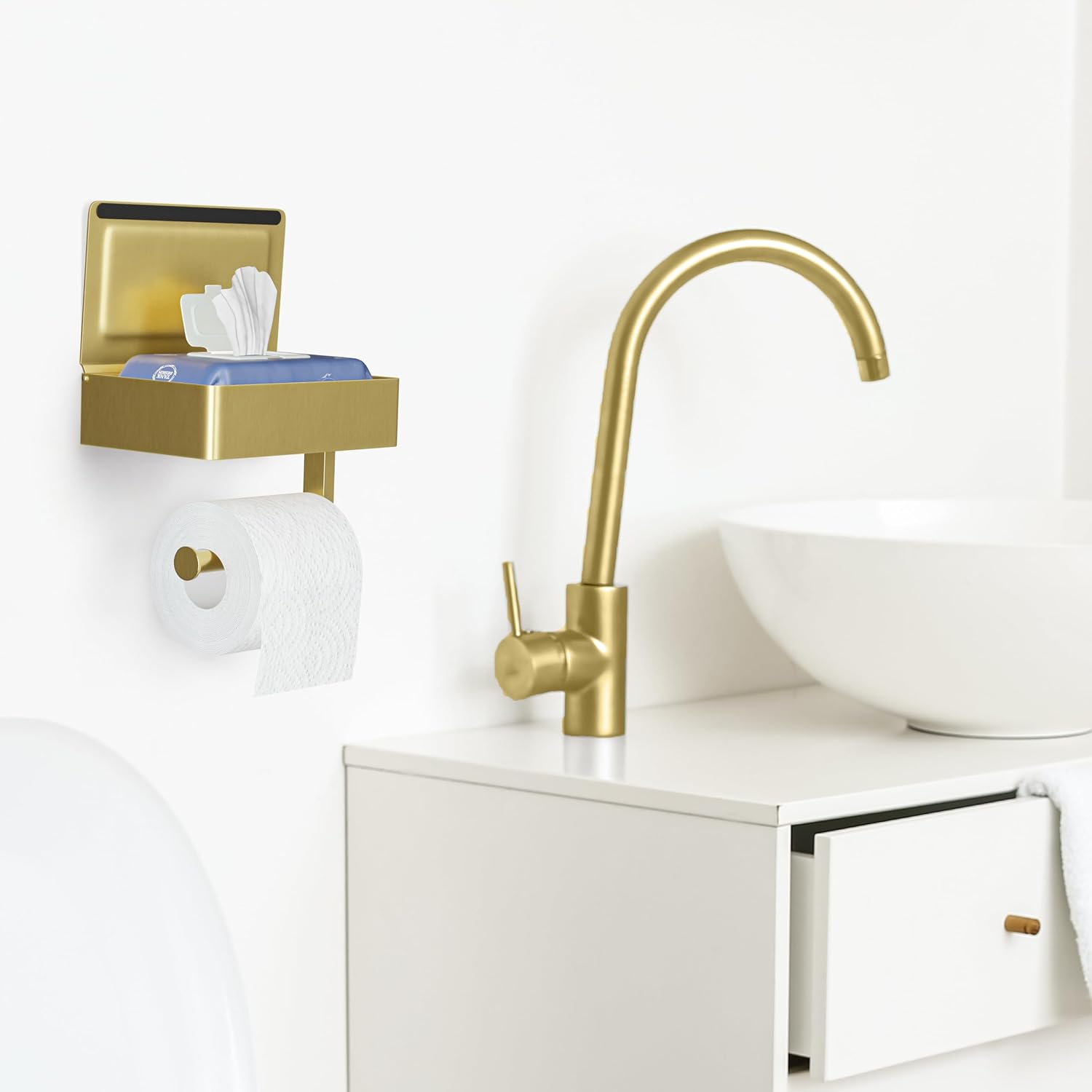 Brushed Gold Toilet Paper Holder Wall Mounted with Shelf & Wipes Storage – Stainless Steel SUS304 Modern Toilet Tissue