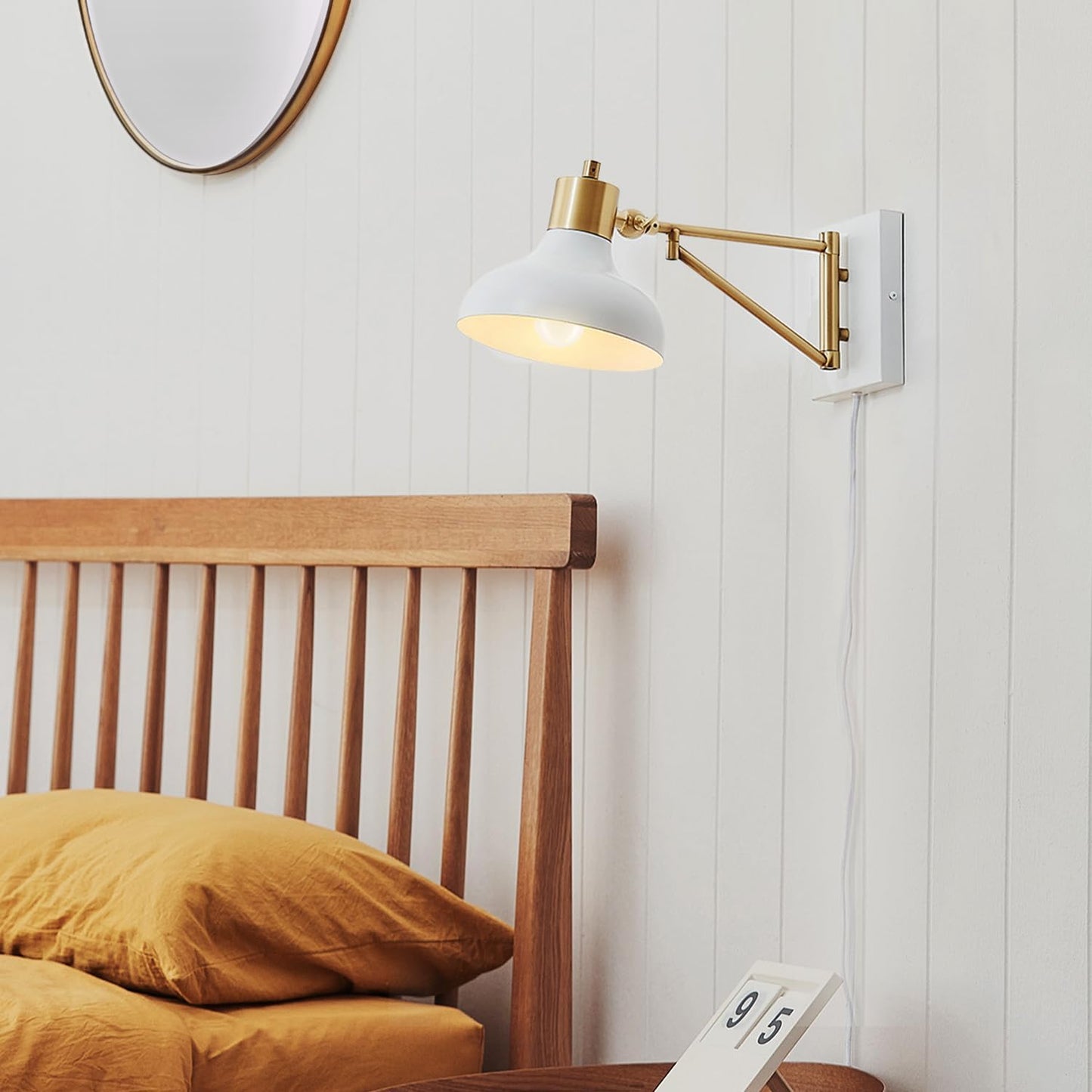 Globe Electric 51344 1-Light Plug-in or Hardwire Swing Arm Wall Sconce, White, Brass Accents, White-Cloth Cord, Mounted