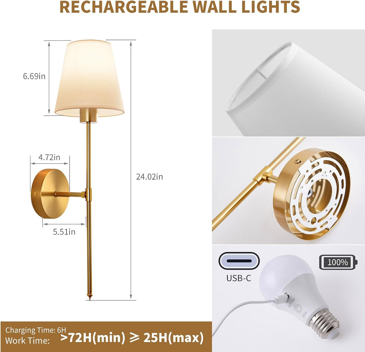Battery Operated Wall Sconce Set of 2, Gold Rechargeable Wireless Wall Lights with Remote - Dimmable RGB LED Bulbs, 13