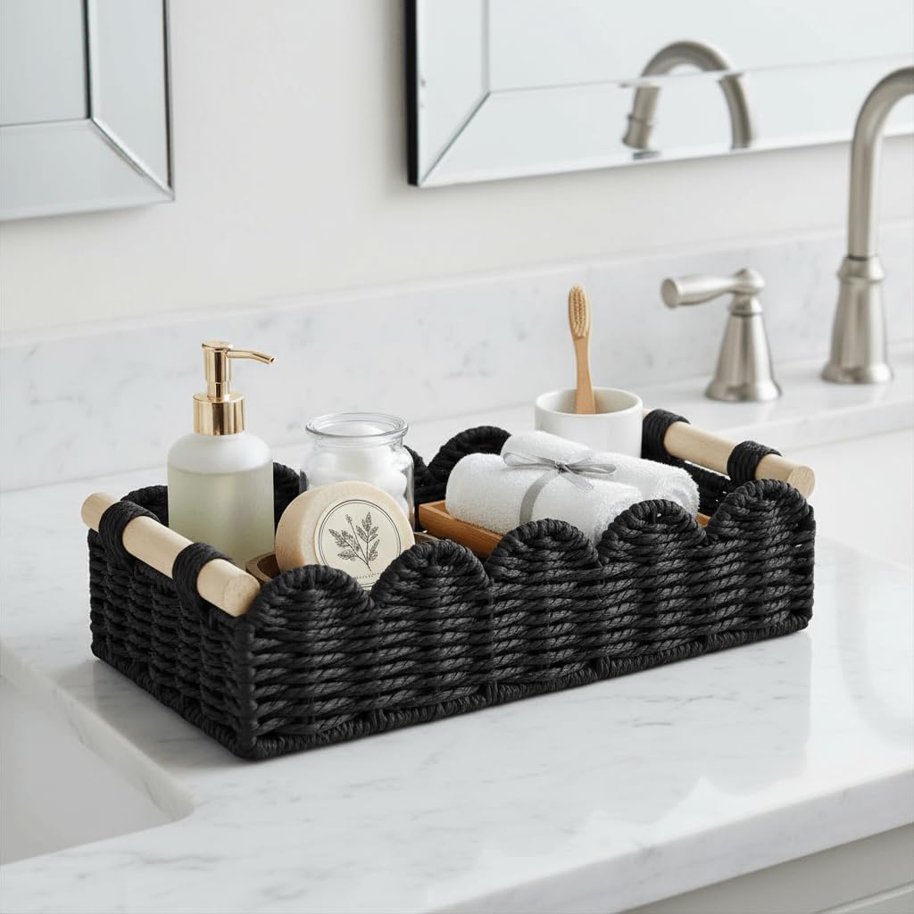 Small Wicker Toilet Tank Top Decorative Baskets for Countertop / Black / 12.99 x 6.3 x 3.15 / S - In