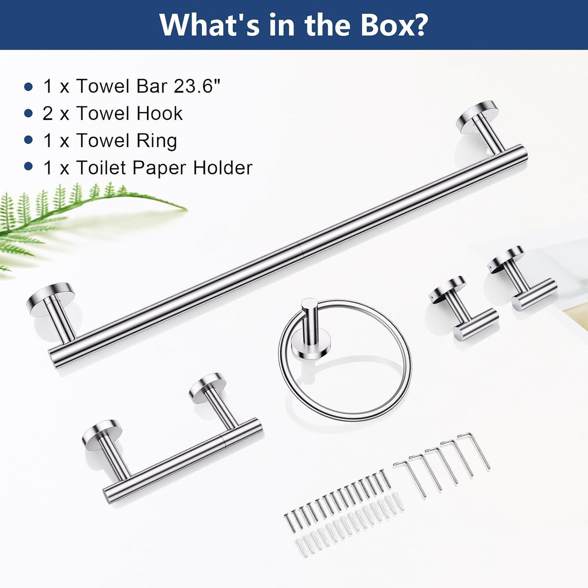 TQKAG 5 Piece Towel Racks for Bathroom, 23.6" Bathroom Hardware Set Chrome | Bathroom Hardware Set, SUS304 Stainless
