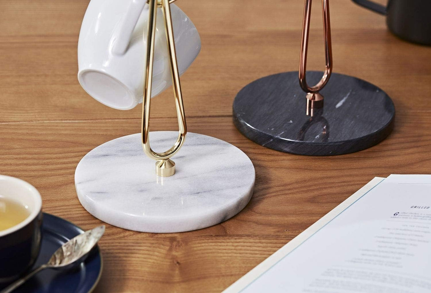 JEmarble Mug Holders with Copper Plated Standing - White Countertop Mug Tree, Coffee & Tea Cup Storage Rack, Coffee