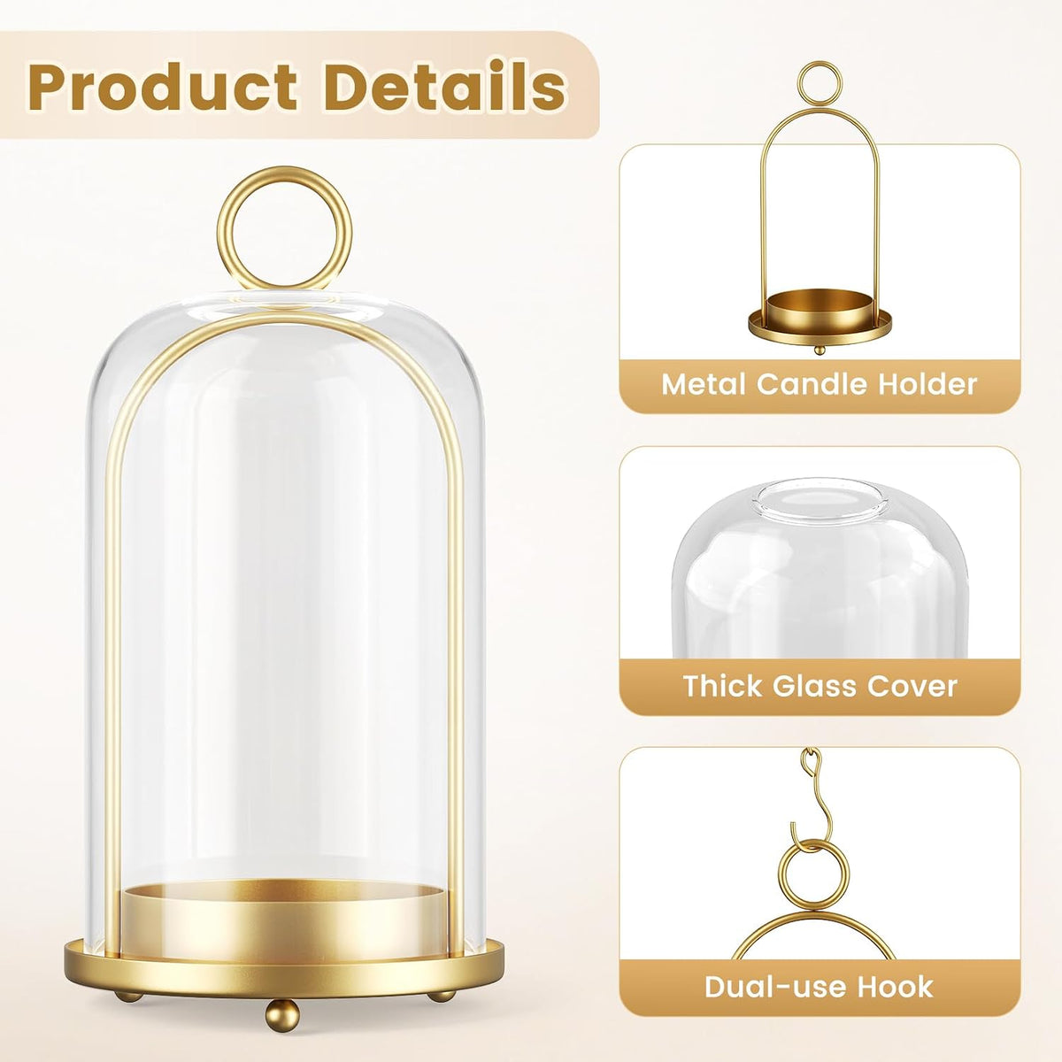 Metal Candle Holder, 5"&4" Wide Hurricane Glass Candle Holders with Handmade Glass Dome, Hanging Brass Candle Lantern