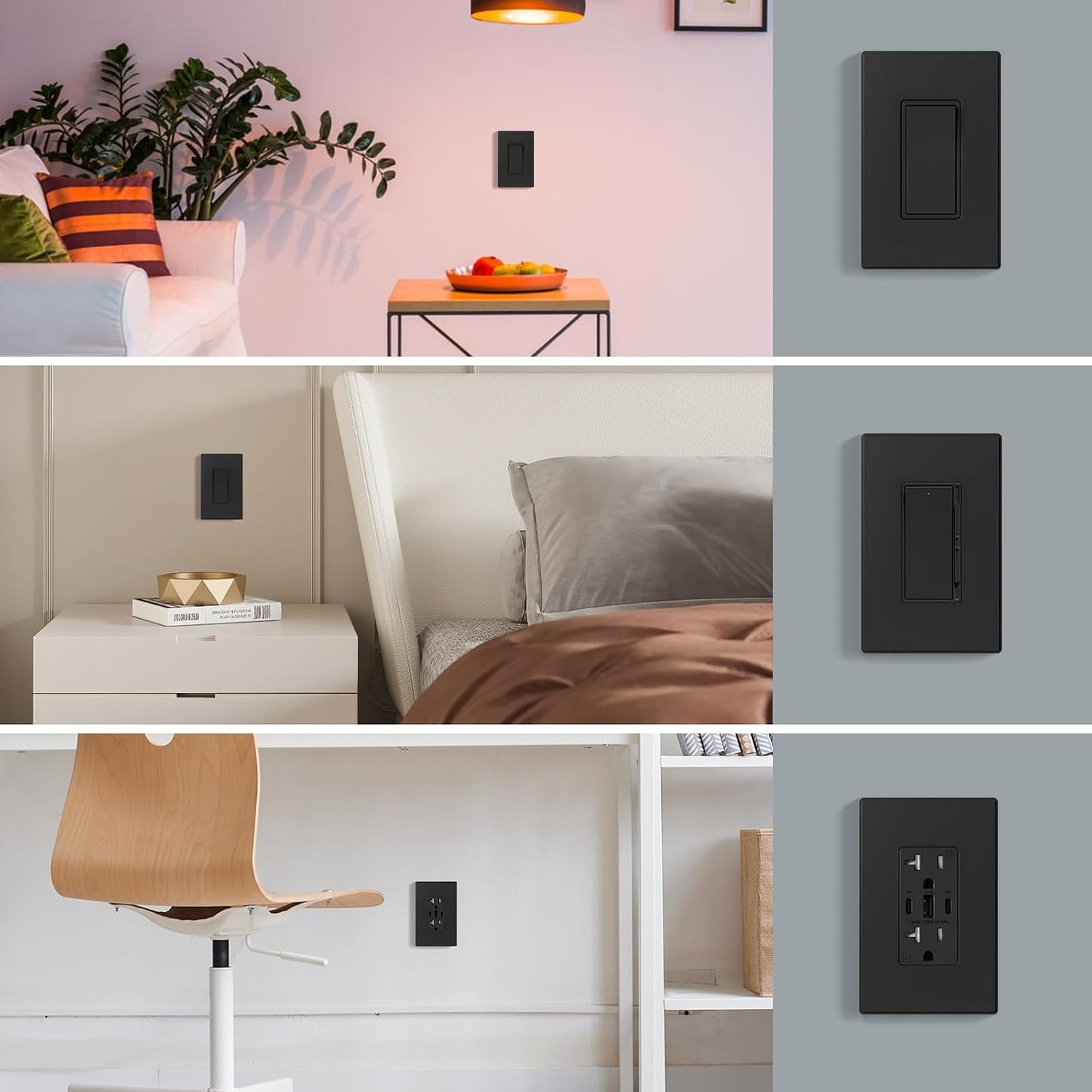 AIDA 1-Gang Midsize Screwless Light Switch Cover Plate, Decorative Outlet Covers - Matte Black, 10-Pack Screwless
