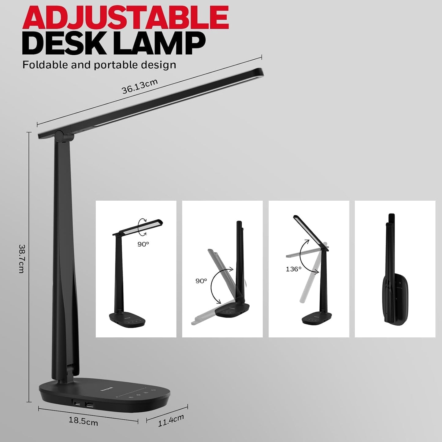 Honeywell HWT-H2 LED Desk Lamp, Eye-Caring Full Spectrum, USB Charging | CRI94 Full Spectrum Eye-Caring Light, Low Blue