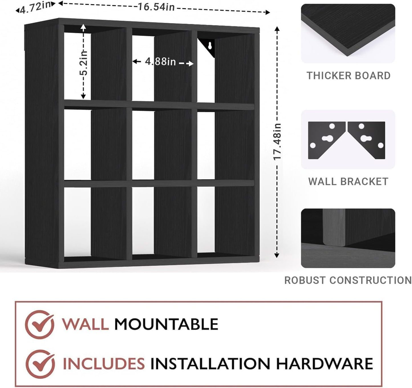 Helsin 9 Grid Vintage Coffee Mug Display Rack, 16inch Wall Mounted Wooden Curio Shadow Box Shelf, Cup Floating Shelves